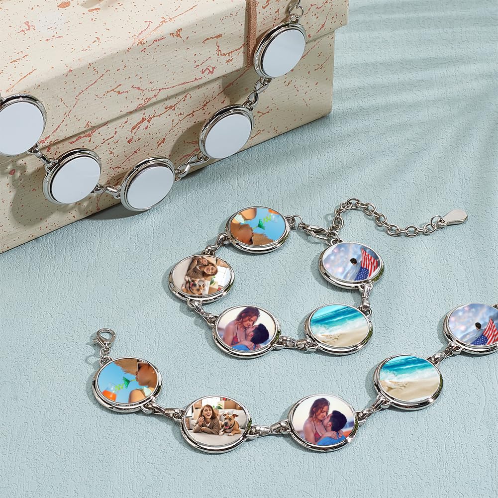 PH PandaHall 4 Sets Sublimation Bracelets, Heat Transfer Bracelet Round Photo Bezel Tray Sublimation Blank Adjustable Bracelet Bezel Setting with Cabochon for Christmas Bracelet Jewerly Making Wedding