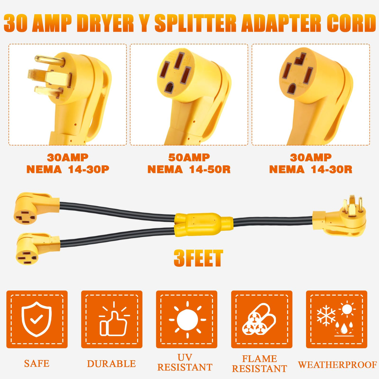 Kanayu 30 Amp Dryer Y Splitter to RV/EV NEma 14-30P to 14-50R/14-30R Adapter Dryer 4 Prong 30 to 50 Amp Y Adapter Cable for EV RV Charging at Dryer Outlet, 250 Volt, 10 AWG 4 Conductors, 3 ft(Yellow) Kanayu