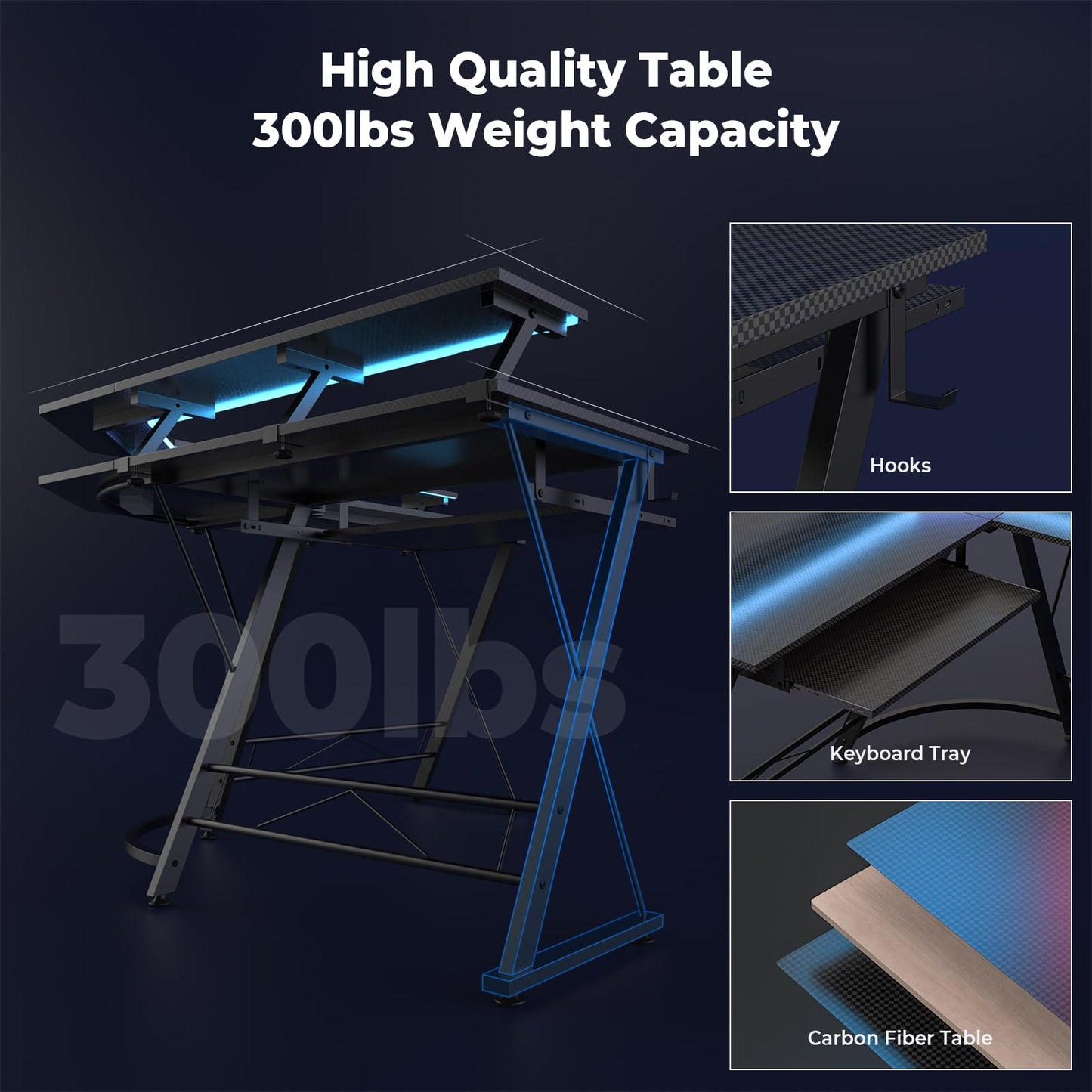 ACEMO L Shaped Gaming Desk with LED Lights and Power Outlet, Computer Desk with Monitor Stand, Untimate Corner Desk with Hooks and Keyboard Tray, Carbon Fiber, Black