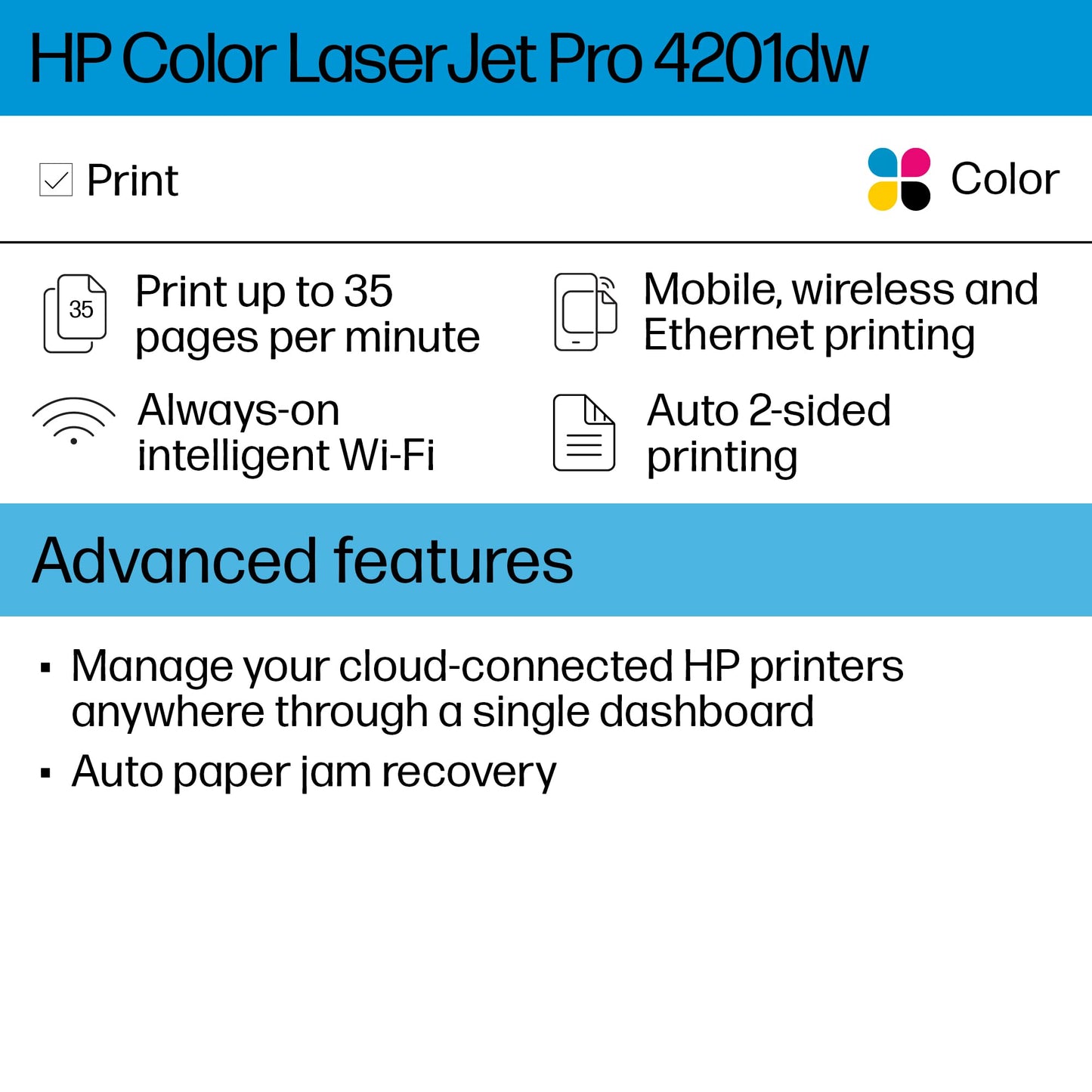 HP Color LaserJet Pro 4201dw Wireless Color Laser Printer, Best-for-Office (4RA86F)