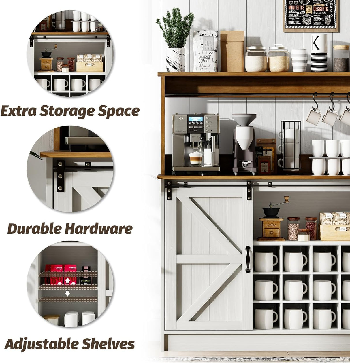 4ever2buy Farmhouse Coffee Bar Cabinet with 8 Hooks, 55 Inch Coffee Bar with Sliding Barn Doors, Tall Hutch Cabinet with Storage, White Coffee Bar with 12 Racks for Living Dining Room 4ever2buy