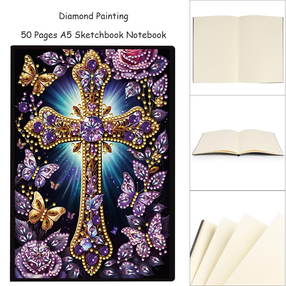 FRANDEK A5 50-Page DIY Diamond Art Painting Notebook with Beautiful Patterns, Special Shaped Diamond Art Craft for Beginners Adults Gift(Purple Cross) FRANDEK
