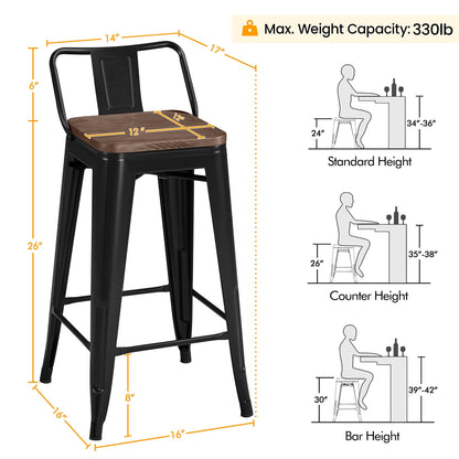 Yaheetech 26 inch Low Back Metal Bar Stools Set of 4 Counter Height Barstools with Wooden Seat Industrial Counter Stool Bar Chairs for Home Kitchen Black - WoodArtSupply