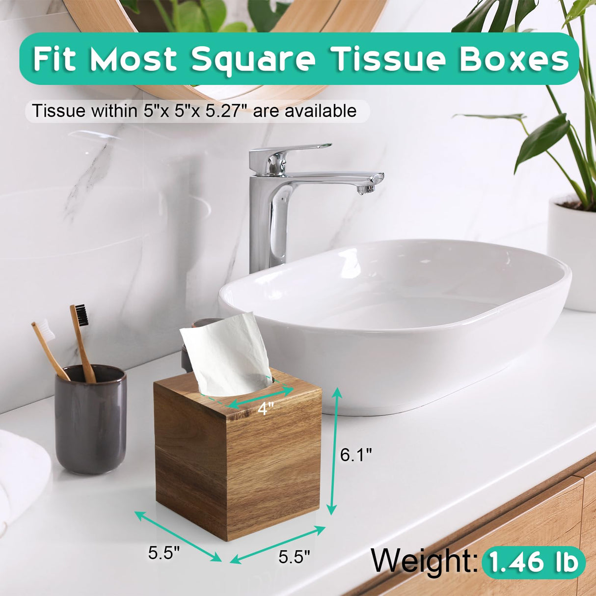 ALELION Tissue Box Cover Square - Acacia Wood Tissue Box Holder for Tabletop Night Stands Bathroom Office - Decorative Facial Cube Tissue Box Cover for Modern Farmhouse Decor ALELION