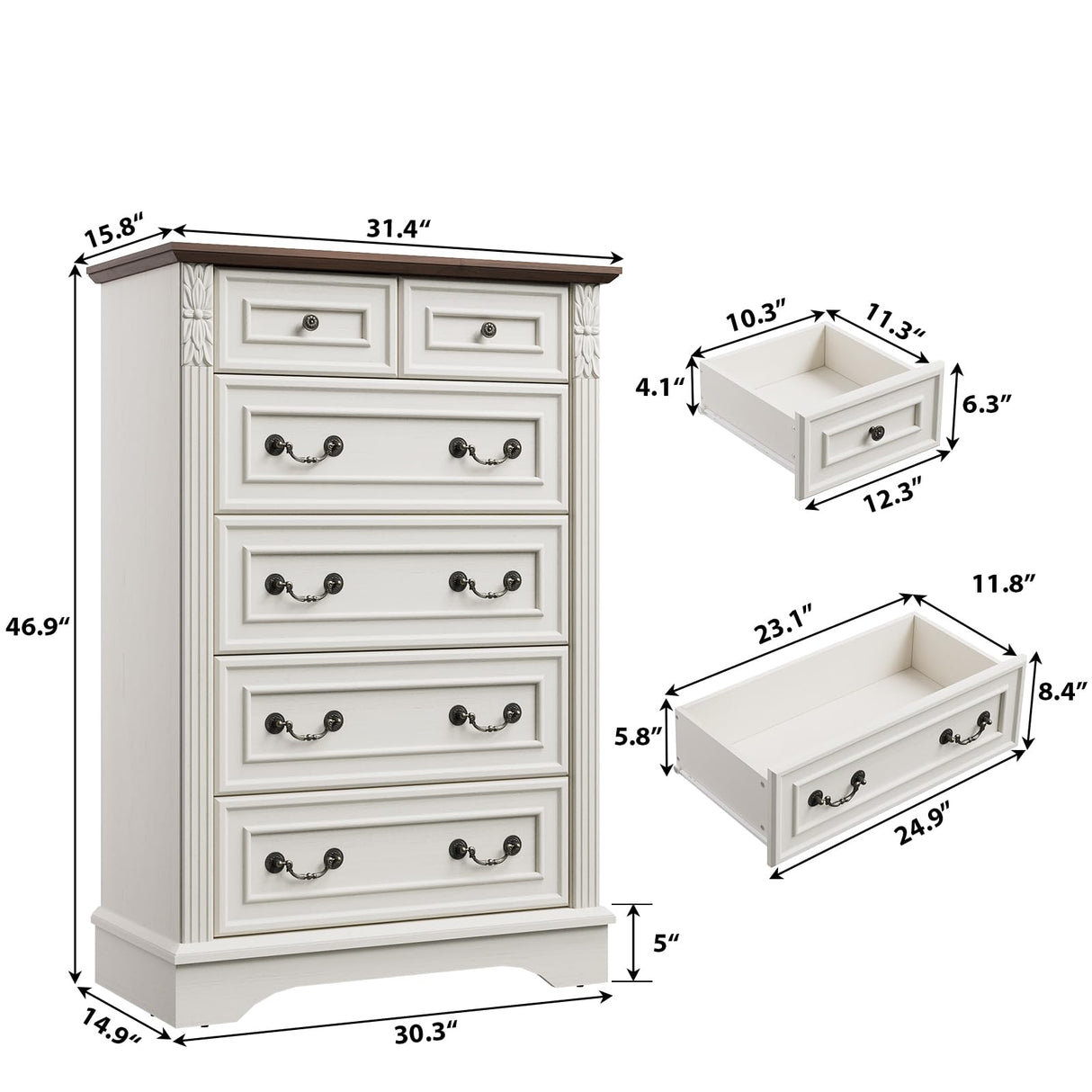 BLANKSPACE Farmhouse Dresser with 6 Drawers, Antique White Dresser for Bedroom, Hallway, Living Room, or Office Storage BLANKSPACE