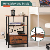 Yoobure Side Table with Storage, LED Night Stand with Charging Station, End Tables Living Room, Nightstand for Bedroom with Adjustable Fabric Drawer, 3-Tier Wood Bedside Table, Berry Brown Yoobure