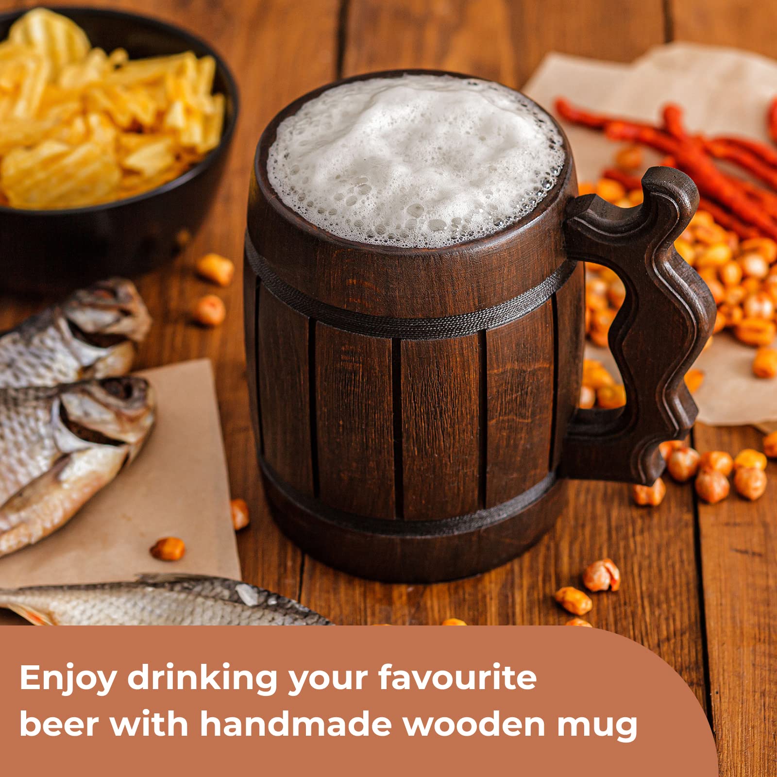 Handmade Wooden Rustic Beer Mug Real Oak Eco-friendly Wood Stainless Steel Cup 20 oz(600ml) Brown3 - Etno Motif Wood Viking Beer Mug Stein - Beer Tankard Irish Retro Halloween - Cowboys Beer  - WoodArtSupply