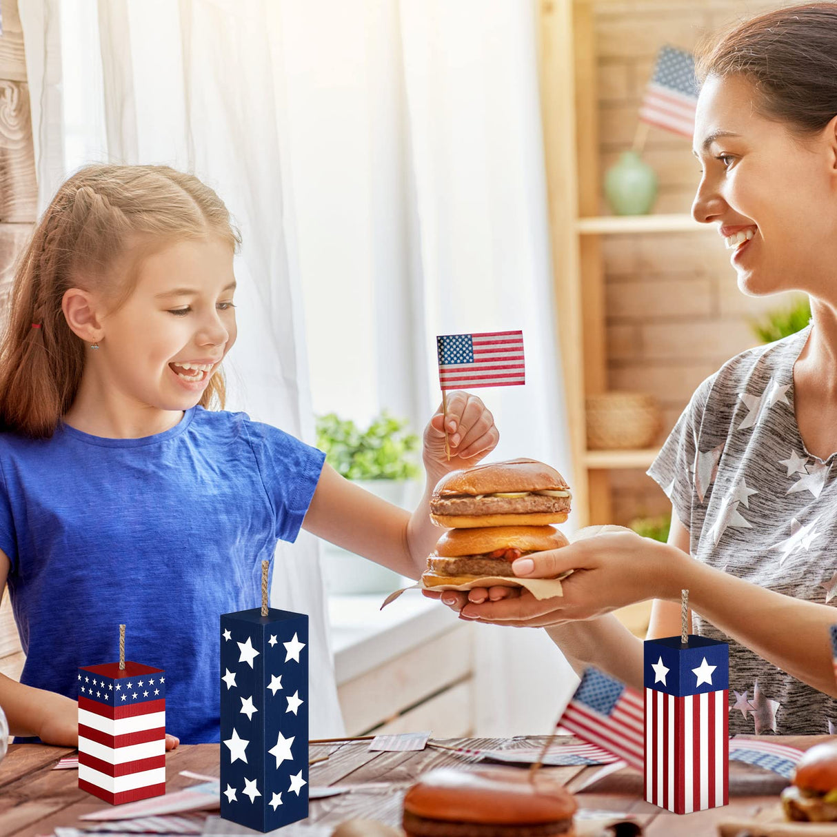 Weysat 3 Pcs Patriotic Wood Block Sign Memorial Day 4th of July Table Decor Glitter Red White Blue Star Signs Firework Tabletop Centerpiece American Flag Independence Day Tiered Tray Decor for Home Weysat