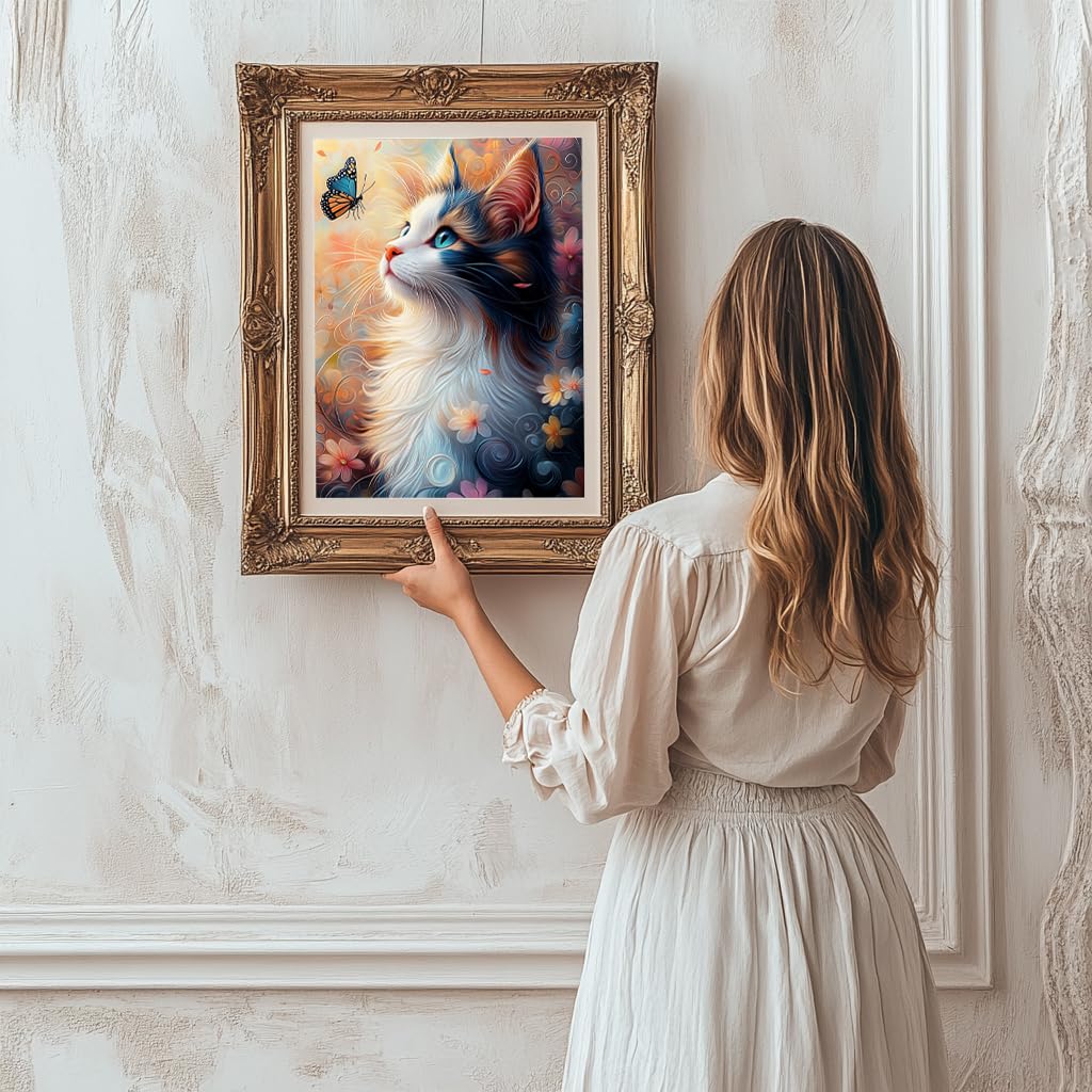 5D Diamond Art Kits for Adults, Cat Butterfly Diamond Painting Kit for Beginner, Full Round Drills Paint with Diamonds Dot Gem Art On Canvas DIY Crafts for Wall Decor 12X16 inch DIYDECORFUN