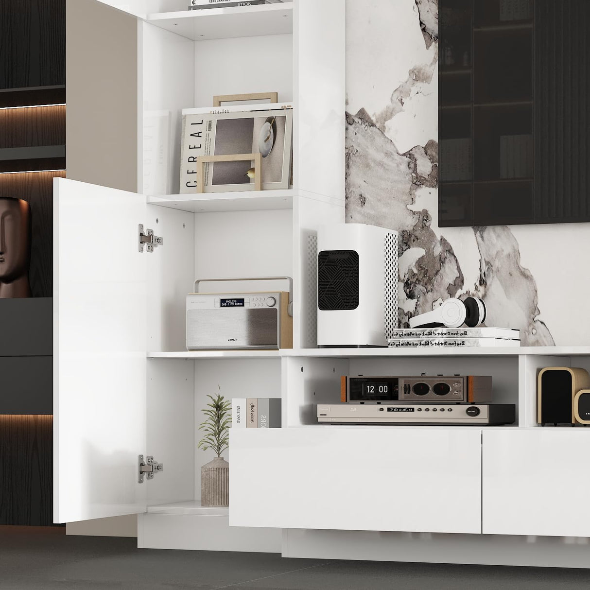 AIEGLE High Gloss Entertainment Center with Storage Bridge, Modern Media Console Table Wall Unit with Cable Management for 70 75 inch TV, TV Stand Set, White, 94.5”W AIEGLE