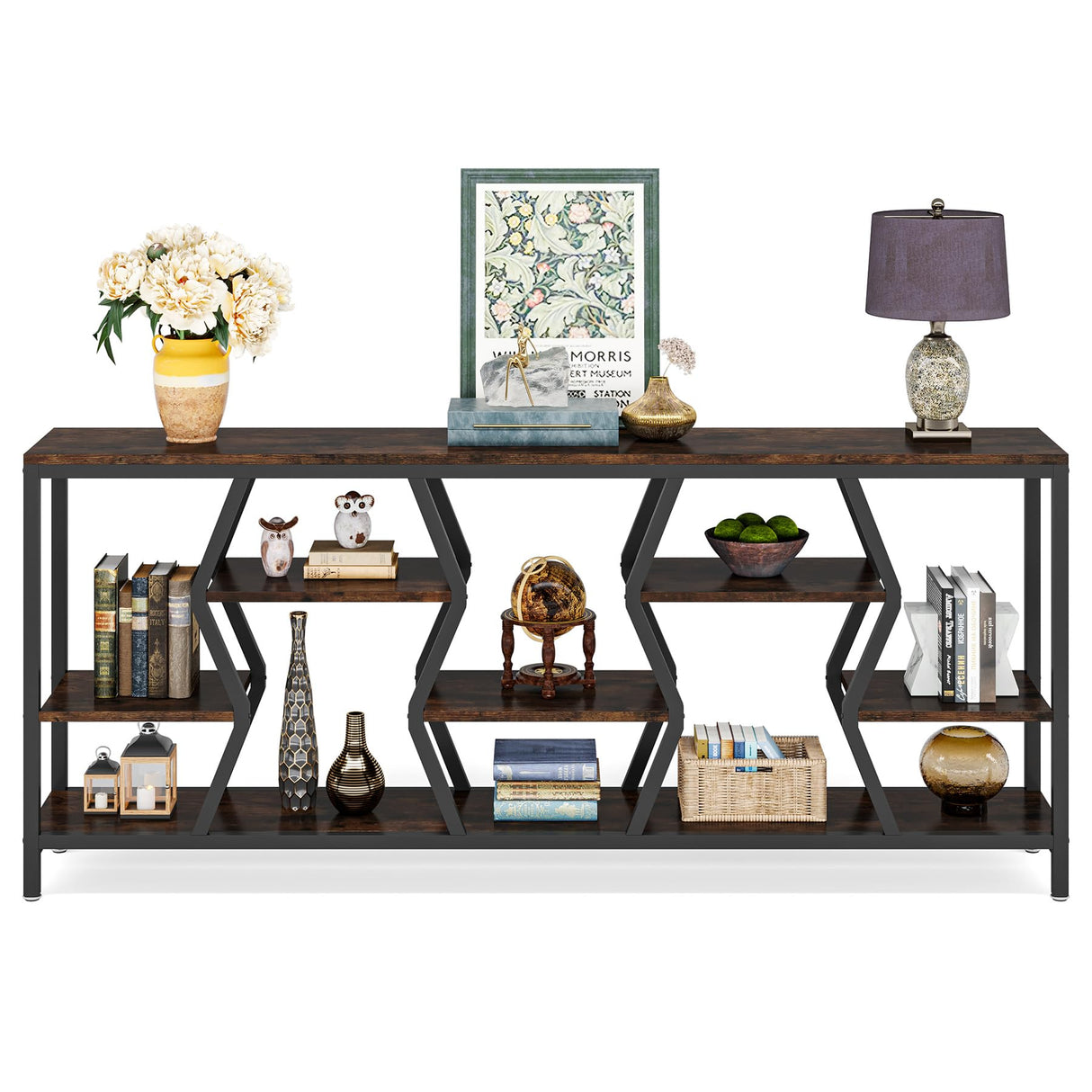 Tribesigns 70.9 Inches Sofa Console Table with 4 Tier Wood Storage Shelves, Industrial Extra Long Narrow Entryway Accent Tables for Hallway, Living Room, Foyer (Rustic Brown) Tribesigns