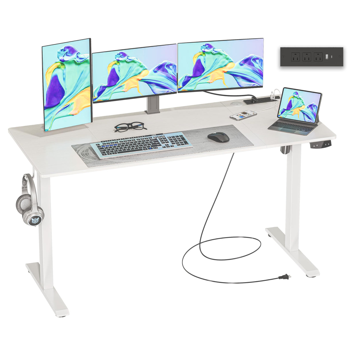 JOISCOPE 55 x 24 inch Adjustable Electric Standing Desk (3AC, USB, Type-C) with 2 Memory Heights, 25 mm/s Lift Speed, Gaming Study Drafting Sit Stand Desk for Home Office Bedroom, White JOISCOPE