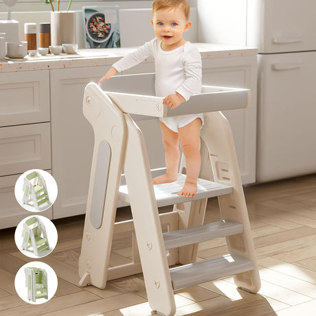 Toddler Tower Kitchen Stool Helper,Foldable/Adjustable Height Kids StandingTower Stool W/CPC Certification,for Kitchen Counter Bathroom Sink Cooking Child Ladder for Toddlers W/Safty Rail(Khaki Grey) Anxeit