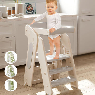 Toddler Tower Kitchen Stool Helper,Foldable/Adjustable Height Kids StandingTower Stool W/CPC Certification,for Kitchen Counter Bathroom Sink Cooking Child Ladder for Toddlers W/Safty Rail(Khaki Grey)