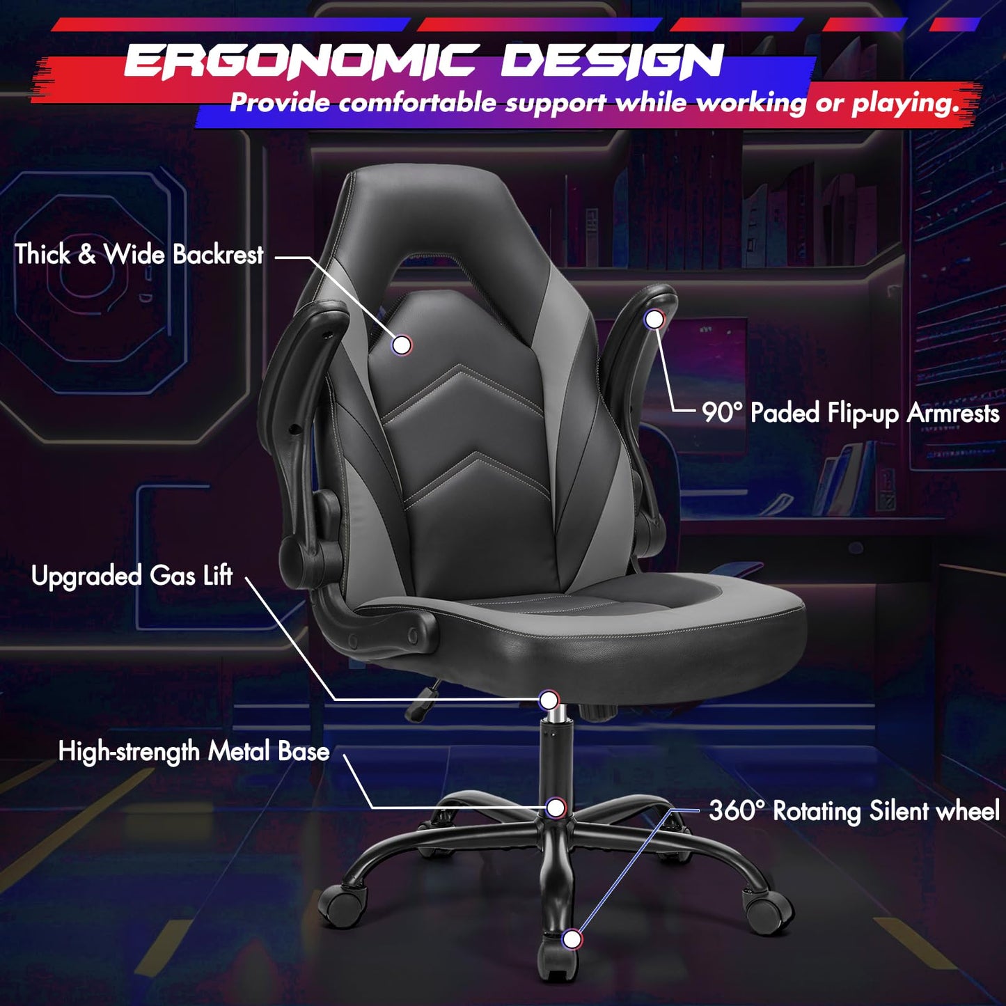 Sweetcrispy Computer Gaming Desk Chair - Ergonomic PU Leather with Comfy Lumbar Support, Height Adjustable Rolling Desk with Flip-up Armrests, for Home and Office