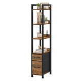 KLUVIS Skinny Bookshelf for Small Spaces - 5 Tier Thin Book Shelf with Storage Drawers Narrow Shelves Slim Bookshelves 2 Fabric Drawer 60 inch Tall, Farmhouse Brown (03BN) KLUVIS