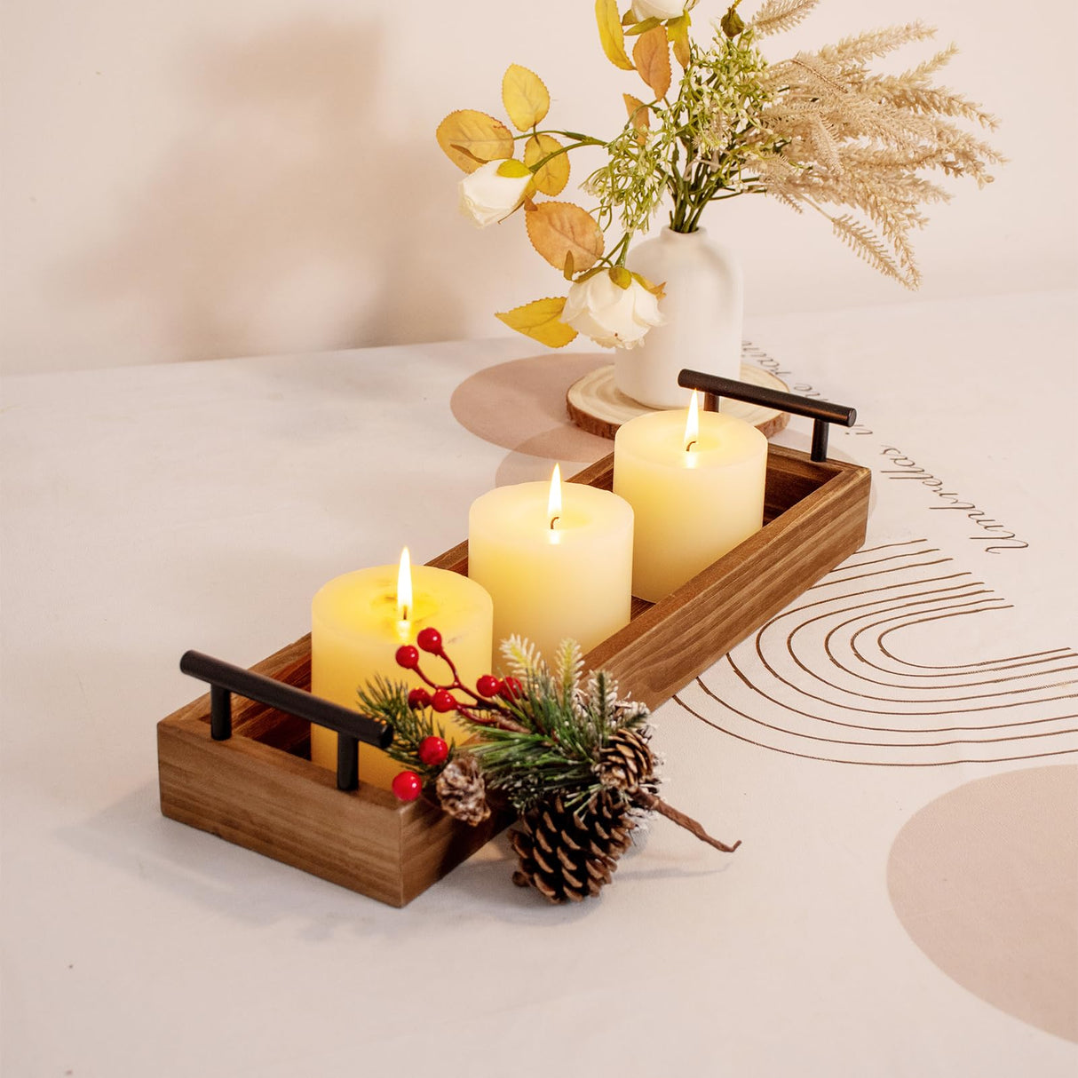 Rustic Wood Serving Tray with Metal Handles, Brown Wooden Tray, Centerpiece Tray for Dining Table, Farmhouse Plant Tray, Candle Holder, Long Narrow Ottoman Trays for Wine Coffee Table Kitchen Decor OKSQW