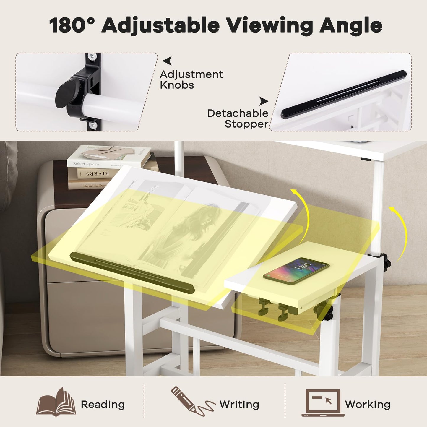 Tangkula Mobile Standing Desk Stand Up Desk, Height Adjustable Home Office Desk with Standing & Seating 2 Modes, Tilting Tabletop & Flexible Wheels, Rolling Laptop Cart Sit Stand Desk (White)