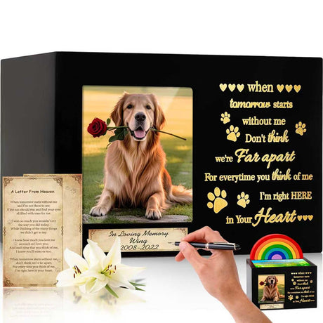 Waterproof Wooden Memorial Pet Keepsake Urn,Crafted Pet Urns for Dog or Cat,Pet Ashes Box with Photo Frame,Poem,Personalized Name Tag&Blank Condolence Card,Flannel Bag Pet Sympathy Remembrance Gift Geamuo