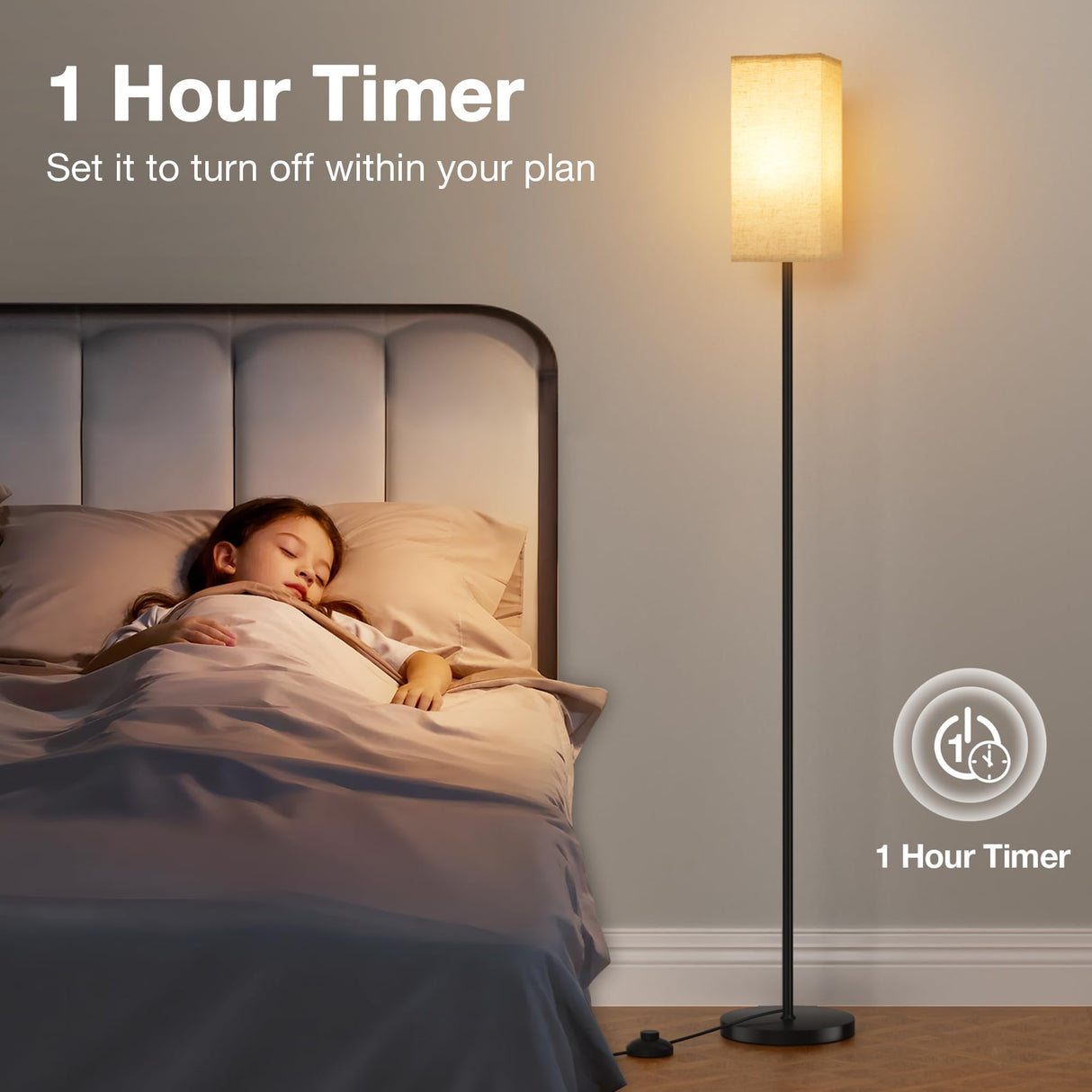 Ambimall Floor Lamps for Living Room & Remote Control, 9W Stepless Dimmable Bulb, Foot Switch, 64'' Tall Standing Lamp, Beige Lampshade(Black) Ambimall