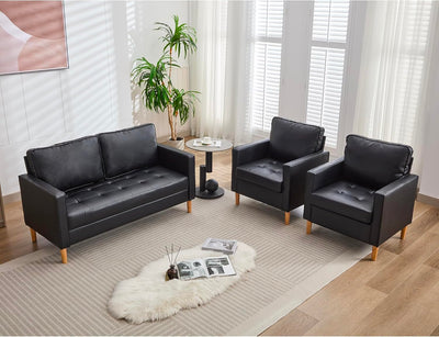 TYBOATLE 57" Small Black Faux Leather Sofa Couches, 3 Piece Living Room Set, Mid-Century Modern Tufted Comfy Loveseat, 2 Seater Office Couch Love Seat for Small Space Bedroom Drom Apartment