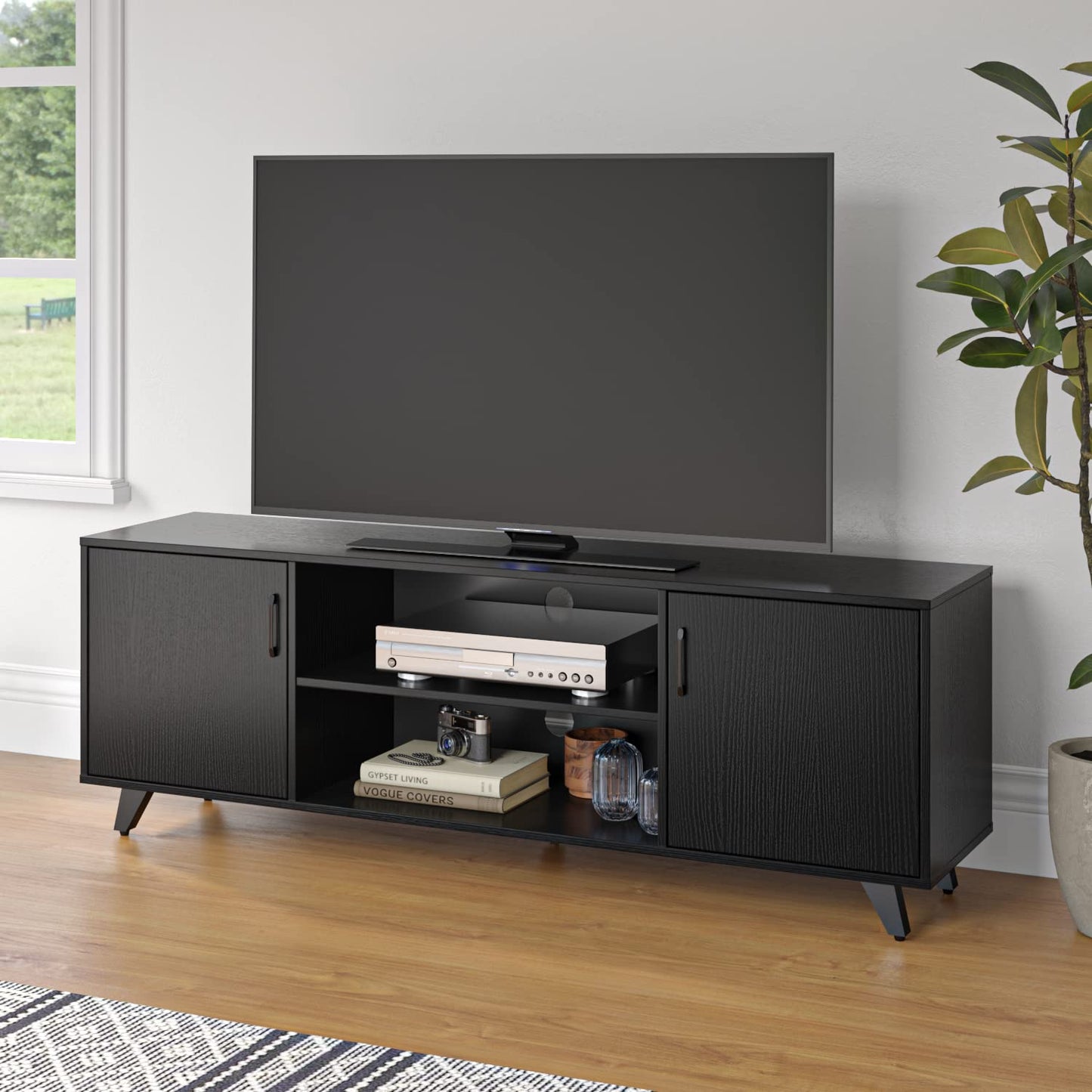 Panana TV Stand Television Stands TV Console Unit with Shelf and 2 Doors Storage Cabinets for Living Room Bedroom for TVs up to 70 Inches (Black, 62.99 inch)