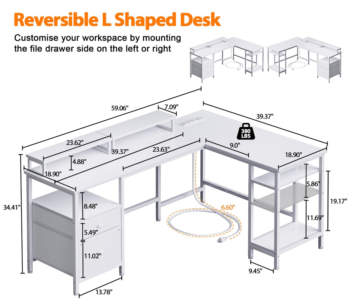 Furologee White 59” L Shaped Desk with Power Outlet, Reversible Computer Desk with File Drawer & 2 Monitor Stands, Corner Home Office Desk with Storage Shelves for Gaming Writing Furologee