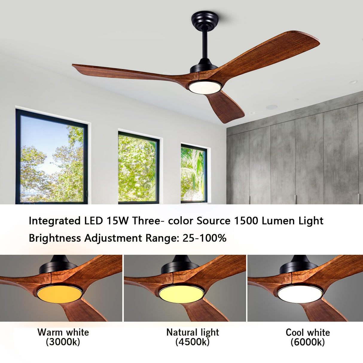 Ceiling Fans with Lights, 52 Inch Ceiling Fan with Remote/APP Control,3CCT Dimmable Light,Noiseless Reversible DC Motor,3 Solid Wood Blades,Indoor/Outdoor Ceiling Fans for Bedroom,Farmhouse,Patio ducrew