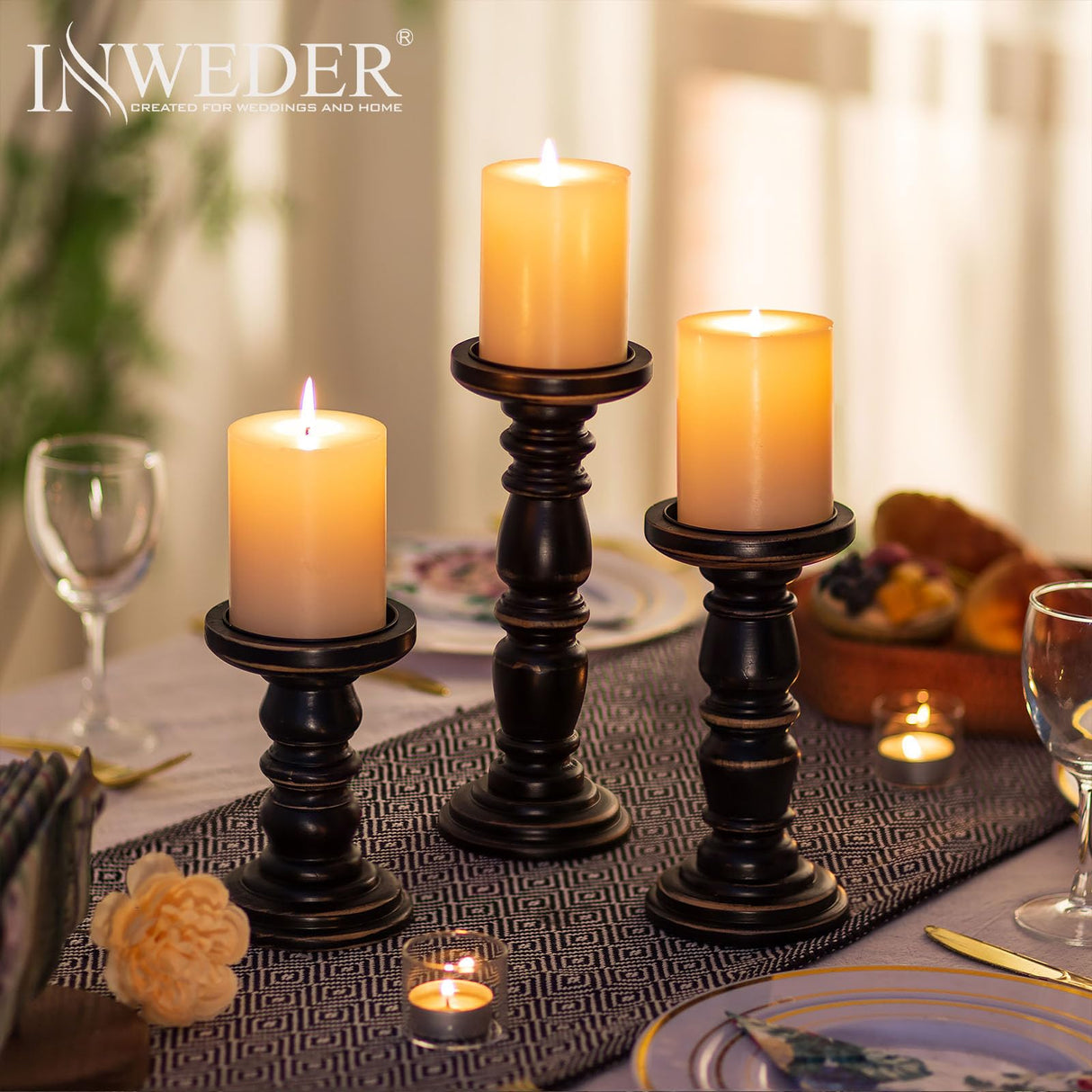 Inweder Wood Candle Holders for Pillar Candles, Solid Farmhouse Candle Holders (Set of 3), Tall Candle Holder, Stable Black Candle Holder for Home Decor, Fireplace, Event, Black Inweder