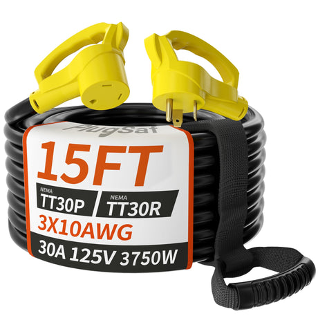 PlugSaf 15 FT 30 Amp RV Extension Cord Outdoor with Grip Handle, Flexible Heavy Duty 10/3 Gauge STW RV Power Cord Waterproof with Cord Organizer, NEMA TT-30P to TT-30R, Black-Yellow, ETL Listed PlugSaf