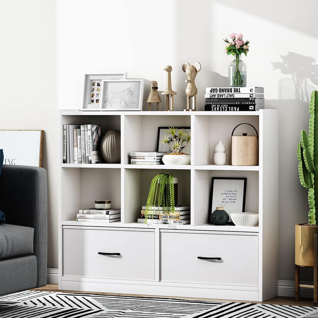 Adompacat Cube Bookshelf Storage Organizer Bookcase,8 Cube Open Mid-Centur Shelf,Freestanding Display Bookshelve, Modern Wide Toy Shelf with Drawers for Bedroom Living Room Office(White) Adompacat