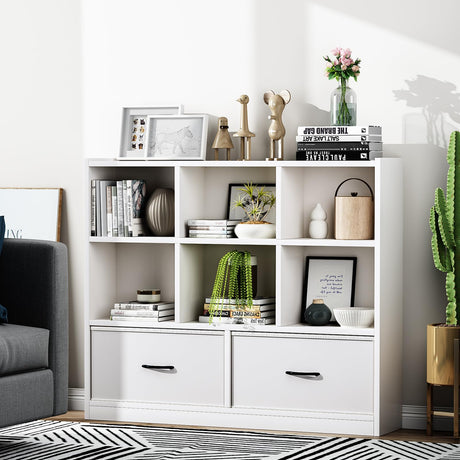 Adompacat Cube Bookshelf Storage Organizer Bookcase,8 Cube Open Mid-Centur Shelf,Freestanding Display Bookshelve, Modern Wide Toy Shelf with Drawers for Bedroom Living Room Office(White) Adompacat