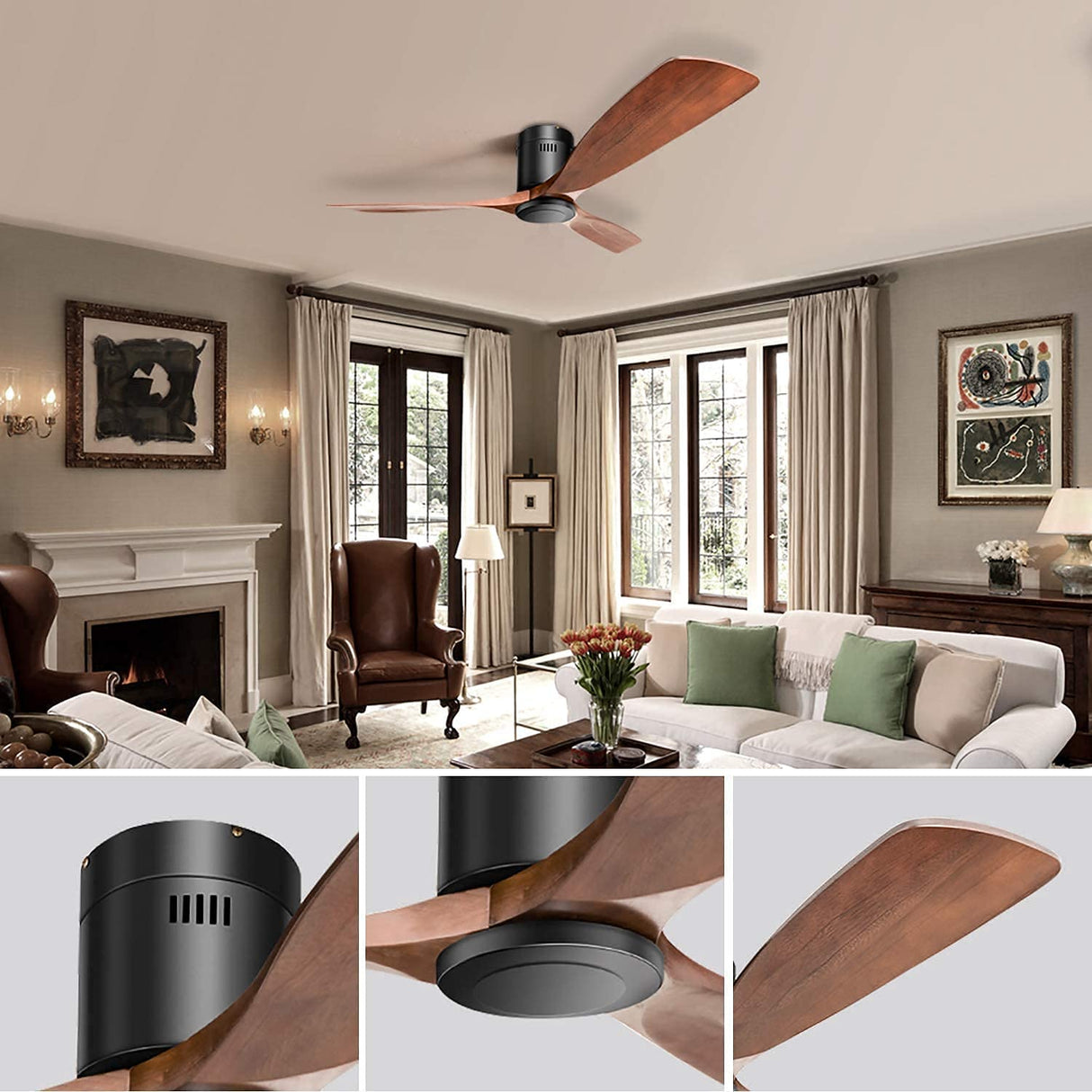 CACI Mall 52 Inch Ceiling Fan with Remote Control, Low Profile Flush Mount Ceiling Fan without Light, 3 Walnut Wood Ceiling Fan No Light, Noiseless Reversible ETL DC Motor with Timer CACI Mall