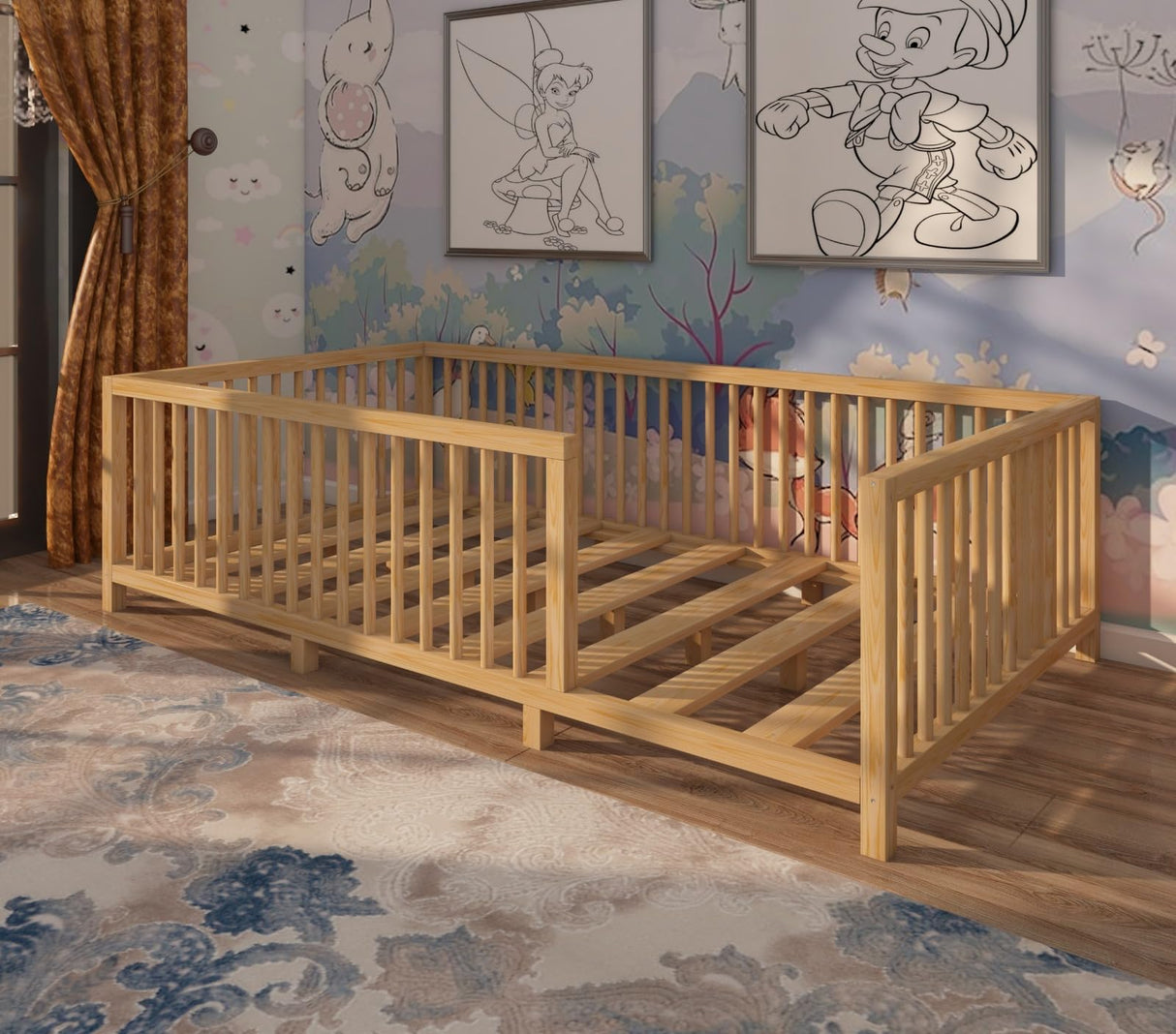Montessori Floor Bed with Slats for Toddler 54.3'' x 75.2'' Full Size | Pine Wood Natural Solid Frame Bed | Sturdy Design Floor Bed Frame for Boy and Girls (Full, Height : 19 Inches) wood and montessori