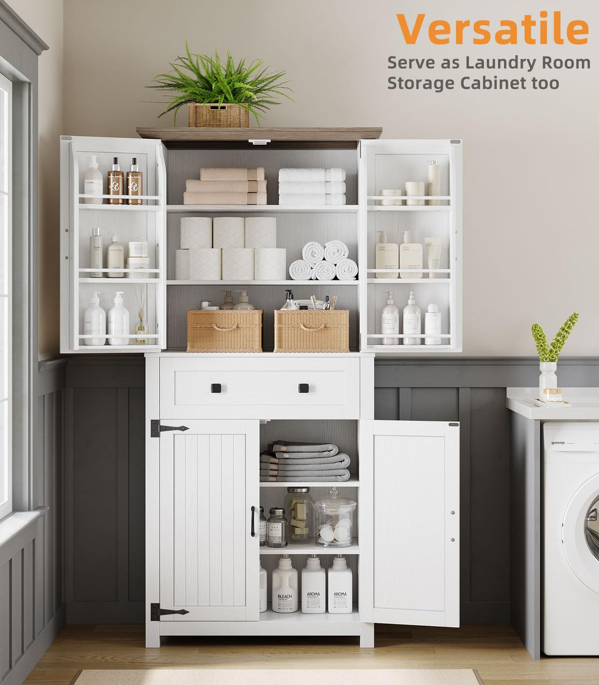 Memobarco 72" Kitchen Pantry Cabinet,Tall Storage Cabinet with 4 Doors Shelves,2 Cabinets,Drawer,Adjustable Shelves,Freestanding Cupboard for Kitchen,Dining Room,Living Room,Laundry,White+Gray Memobarco