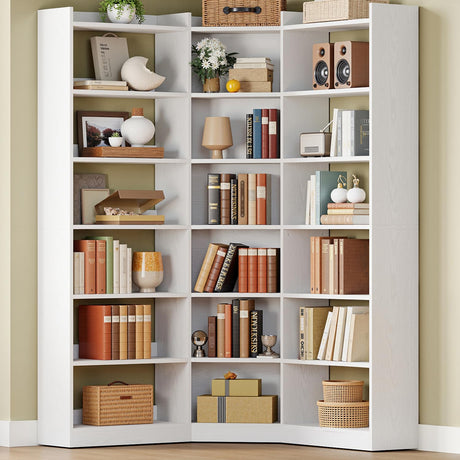 IRONCK Corner Bookshelf, 7-Tier Bookshelf with Storage, Corner Bookcases with Baffles Etagere Shelf for Living Room Home Office Bedroom, White IRONCK