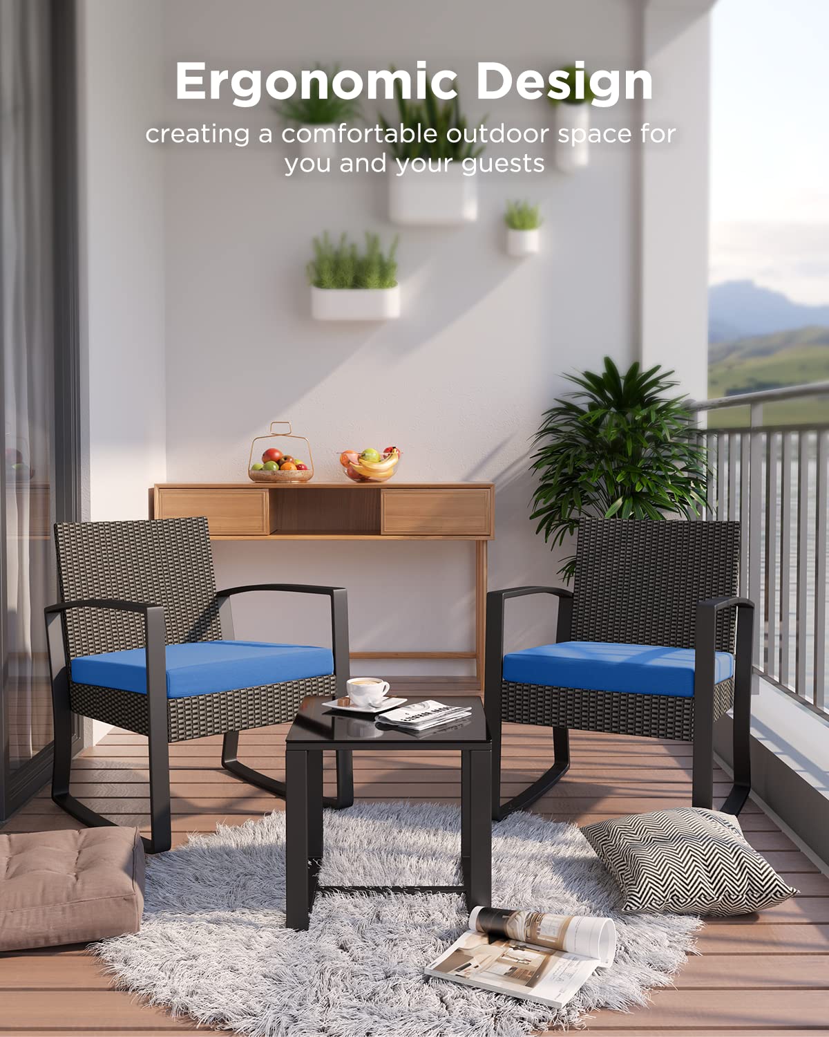 Qsun 3 Piece Patio Bistro Set Patio Furniture Set Outdoor Wicker Rocking Furniture Conversation Set with Tempered Glass Coffee Table for for Front Porch Balcony and Deck (Blue Cushion Qsun