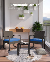 Qsun 3 Piece Patio Bistro Set Patio Furniture Set Outdoor Wicker Rocking Furniture Conversation Set with Tempered Glass Coffee Table for for Front Porch Balcony and Deck (Blue Cushion Qsun