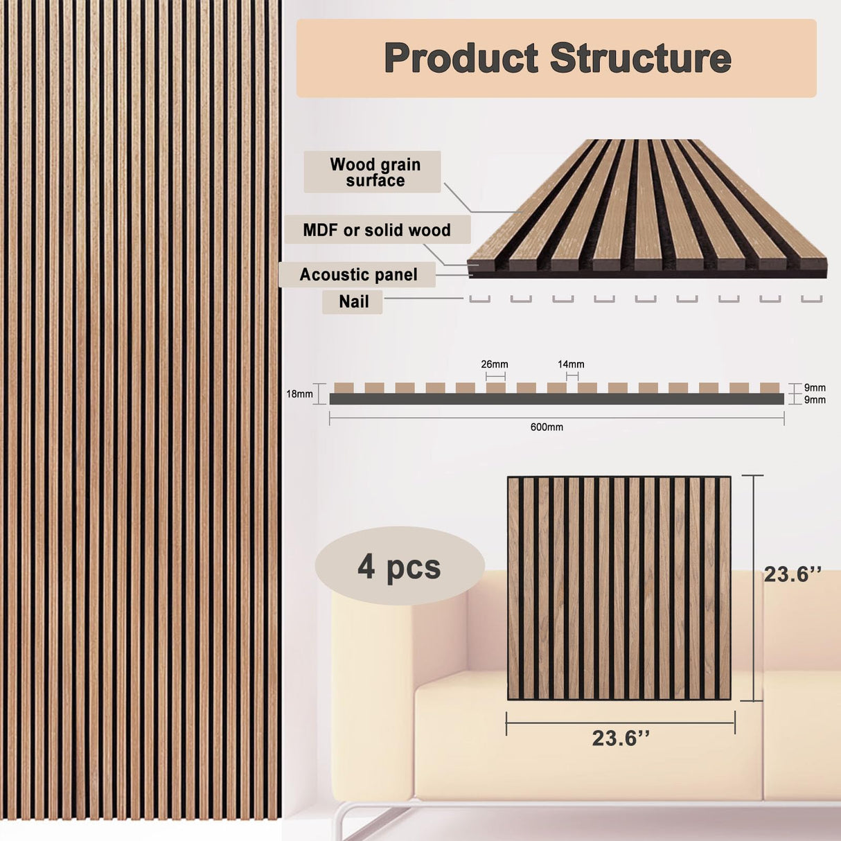 Acoustic Wood Slat Wall Panels, 4-Pack – 23.6 x 23.6 x 0.7 Inches, Sound Absorbing Wood Wall Panels for Stylish Interiors – Covers 15.5 Sq. Ft. (4# Walnut) JUWEI DIRECT