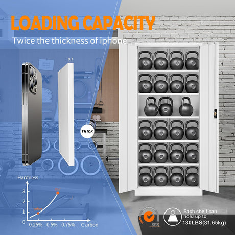 Yizosh Metal Garage Storage Cabinet with Lock, 71" Locking Tool Cabinet with 2 Doors and 5 Shelves, Tall Steel Cabinet for Garage, Heavy Duty File Cabinet for Office, School (White) Yizosh