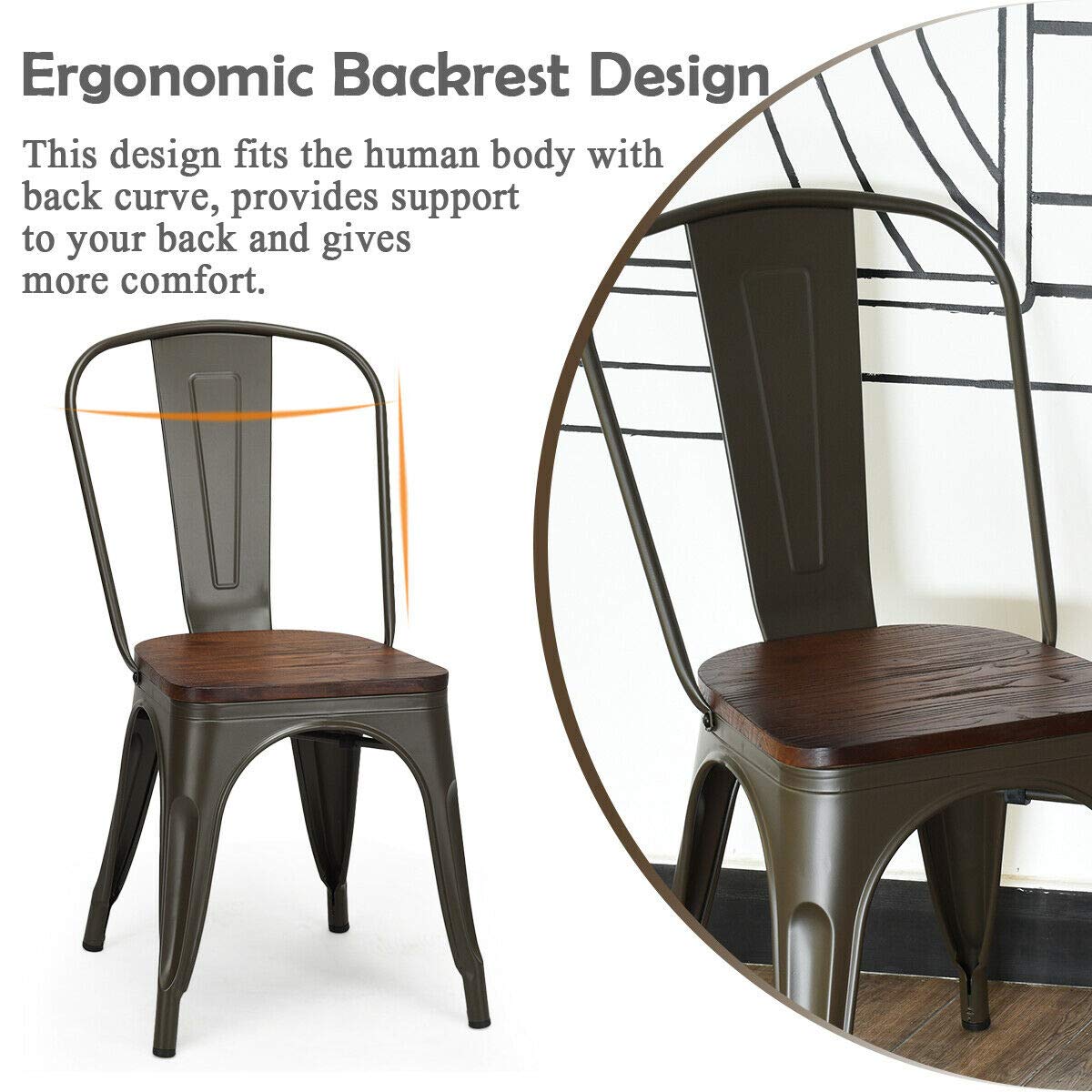 COSTWAY 18 Inch Dining Chair Set of 4, Industrial Vintage Stackable Metal Chairs, Counter Bar Chairs with High Backrest, Wood Seat, for Home, Kitchen and Cafe Bar Use COSTWAY