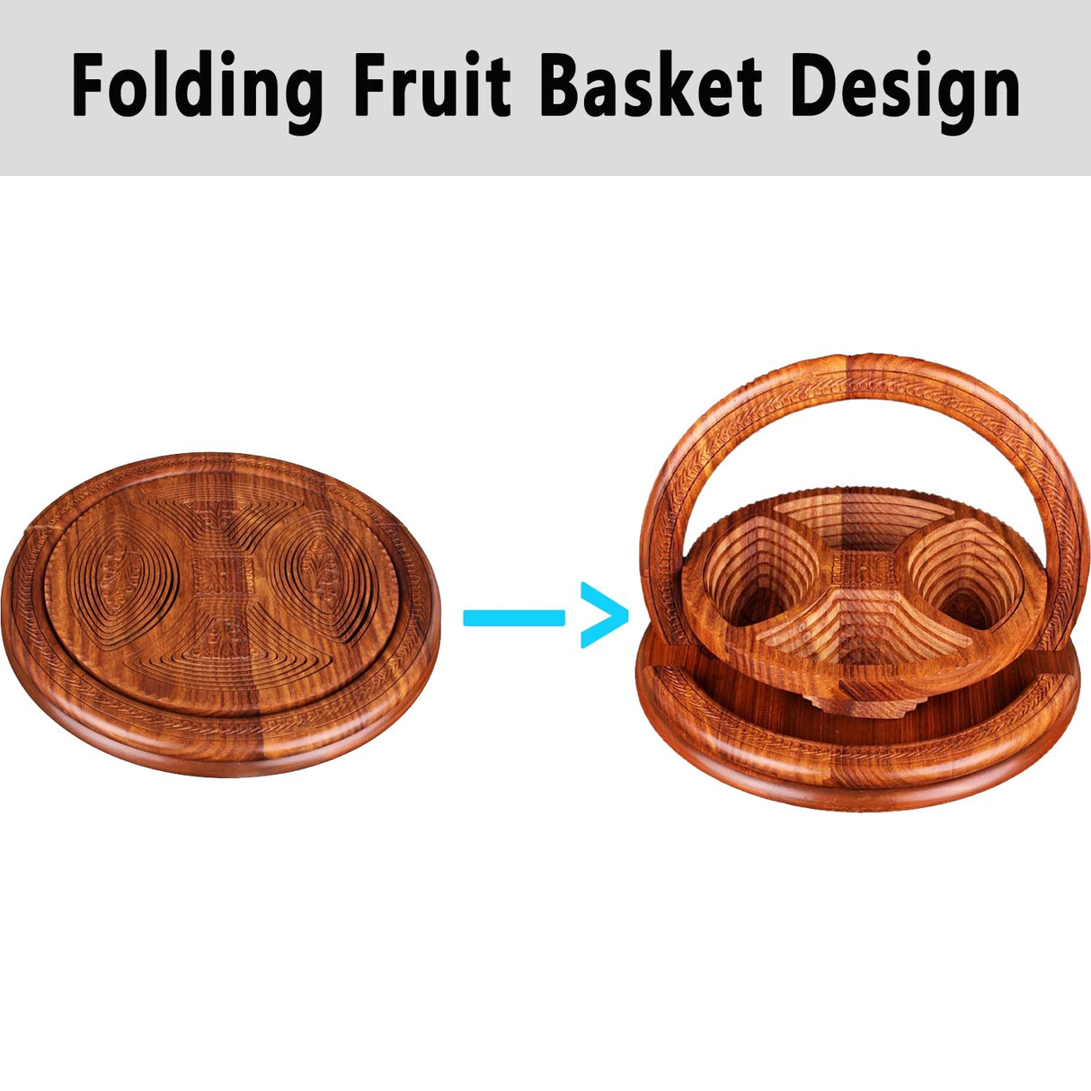 Handmade Wood Carving Fruit Plate - Foldable Fruit Basket, Nut Snack Tray, Divided Snack Serving Tray, Wooden Snackle Box Container for Candy, Fruit, Nuts WGMM
