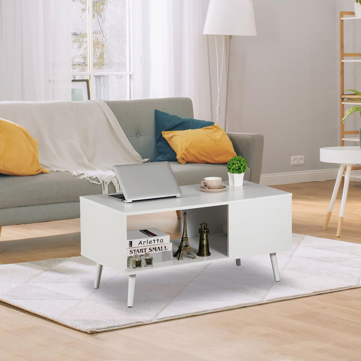 SUPER DEAL Wooden Coffee Table 2 Tier Mid Century Modern Center Table with Open Storage Shelf for Living Room, 40 Inch Accent Sofa Side Table for Indoor Bedroom Apartment Small Spaces, White SUPER DEAL