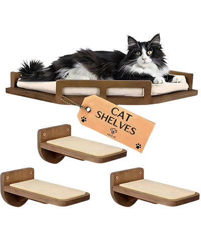 INICIO Cat Wall Shelves - Modern and Durable 3 Step Cat Furniture for Wall - Stylish Birch Floating Shelf for Cats up to 17lbs - Wooden Corner Shelves with Cushioned Perch - Brown