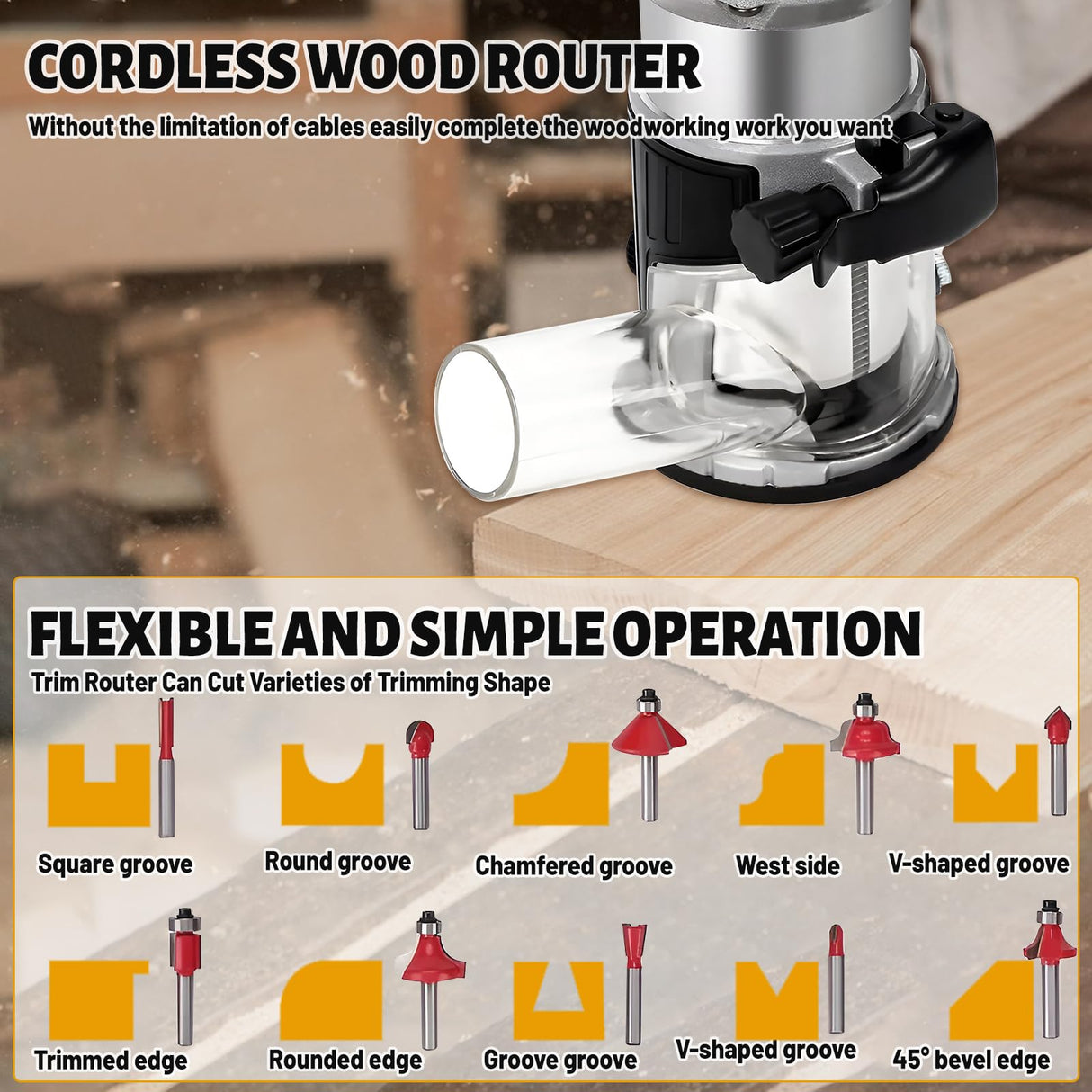 SYWAN Cordless Power Router for DeWalt 20V Battery (Bare Tool), Brushless Trim Router with 15PCS 1/4" Bits, 6 Variable Speeds Router Tool for Woodworking, 800W 10000-30000min/r SYWAN