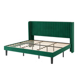 SHA CERLIN King Size Velvet Bed Frame with Vertical Channel Tufted Wingback Headboard, Upholstered Platform Bed with Wood Slats, No Box Spring Needed, Easy Assembly, Green SHA CERLIN