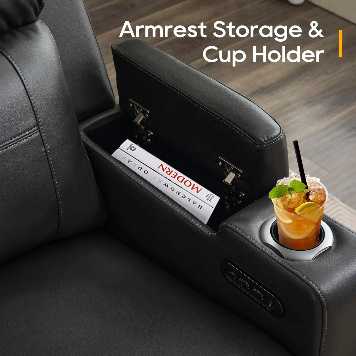 P.H.Furn Power Recliner Sofa, Home Theater Seating with Adjustable Headrest, Blue LED Lighting, Reclining Loveseat, Flip-Up Backrest Storage, Multi-Port Charger, Cup Holder, USB P.H.Furn