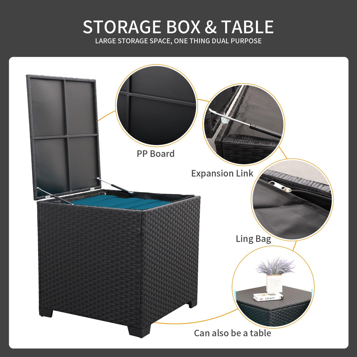 WAROOM Outdoor PE Wicker Patio Furniture Set 4 Piece Black Rattan Sectional Sofa Loveseat Couch Conversation Set with Storage Box Glass Top Table and Anti-Slip Peacock Blue Cushion WAROOM