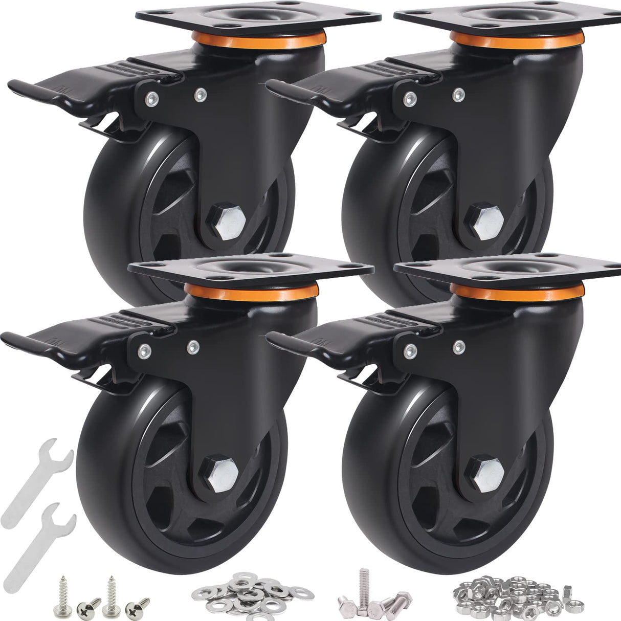 4 Inch Caster Wheels, Casters Set of 4 Heavy Duty with Brake, Polyurethane Foam No Noise Wheels, Safety Dual Locking Plate Industrial Casters, Loading 2200lbs (Two Sets Hardward Kits) ENYKE