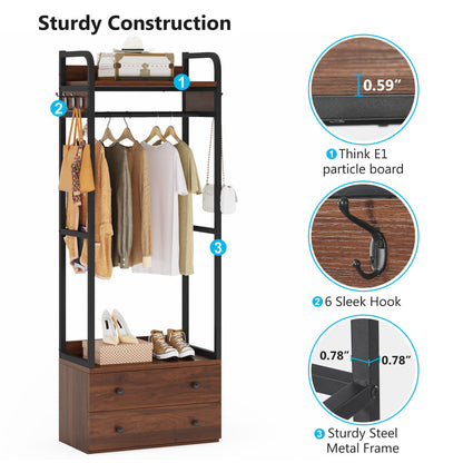 Tribesigns Freestanding Closet Organizer Small Clothes Rack with Drawers and Shelves, Heavy Duty Coat Rack Small Garment Rack Industrial Hall Tree for Entryway, Bedroom - WoodArtSupply